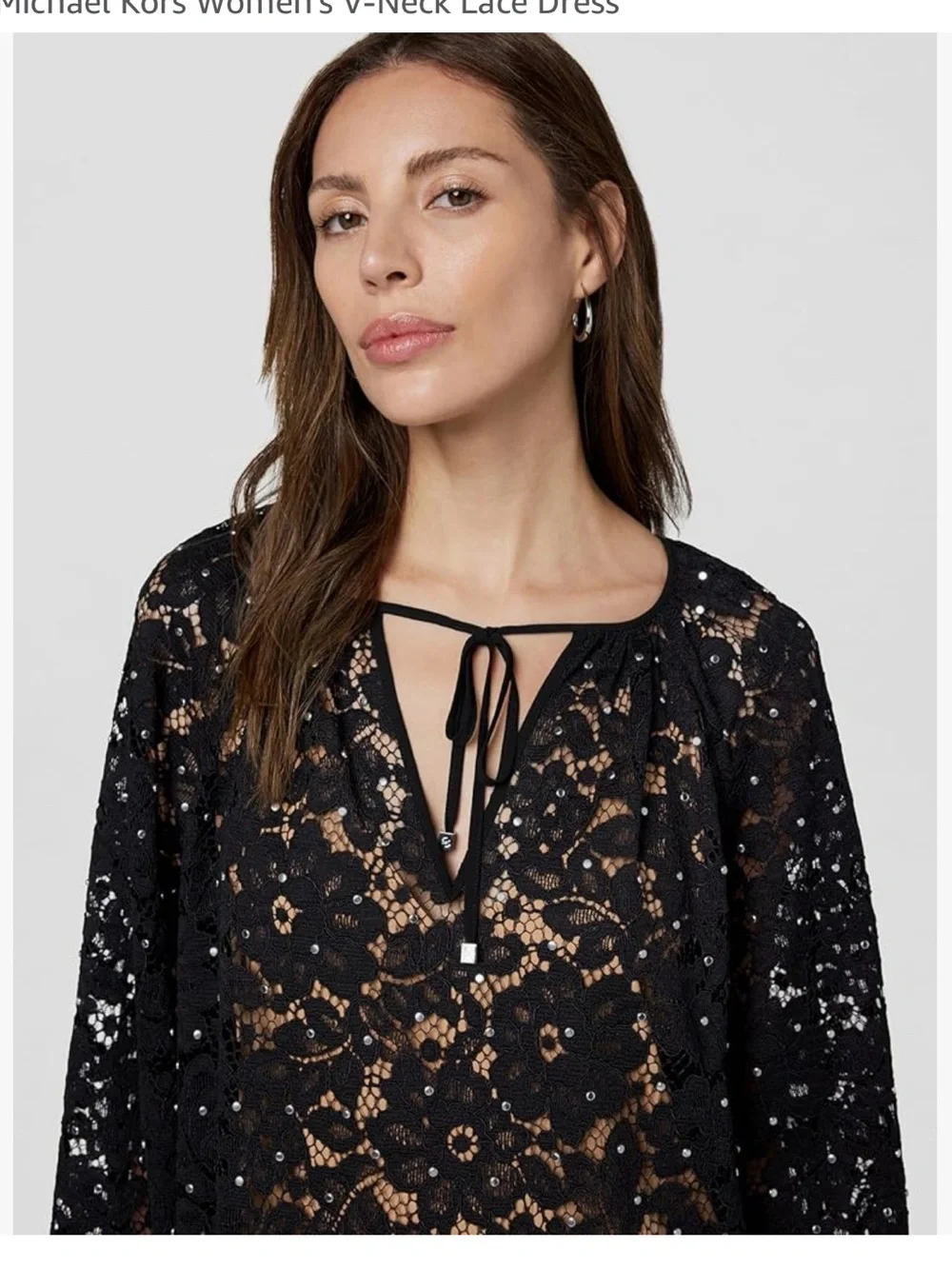 Michael Kors Studded Corded Floral Lace V-Neck Dress Black